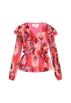 Mehrfarbige Bluse mit pinken, roten und lila abstrakten Mustern, langen Ärmeln mit Rüschenakzenten und tailliertem Schnitt. V-Ausschnitt-Design.