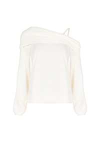 Top a spalle scoperte e maniche lunghe in morbido tessuto bianco, caratterizzato da un design drappeggiato e un sottile dettaglio con spallina su un lato.