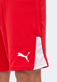 Κόκκινα αθλητικά σορτς με λευκό λογότυπο Puma στο αριστερό πόδι και λευκή δίχτυνη λεπτομέρεια στο πλάι, φορεμένα στο πόδι ενός ατόμου.