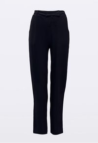 Fekete nadrág sima anyagból, egyenes szárú kialakítással, rugalmas derékpánttal és díszítő megkötő részlettel elöl.