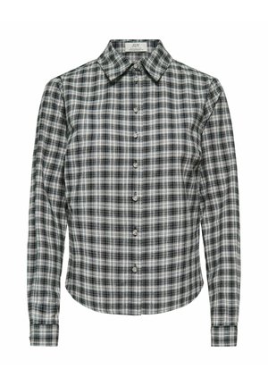 Pikkade varrukatega nööbitav särk mustvalge ja halli ruudulise mustriga ning terava kraega, sildi peal sees kaelal kirjas JDY.