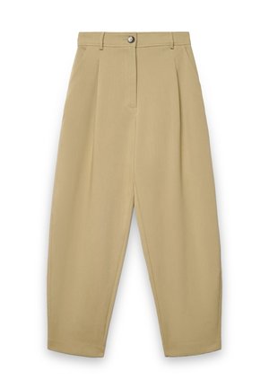 Beige, hoch taillierte, schmal zulaufende Hose mit vorderen Bügelfalten, Seitentaschen, Gürtelschlaufen und Knopfverschluss an der Taille.