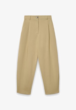 Beige, hoch taillierte, schmal zulaufende Hose mit vorderen Bügelfalten, Seitentaschen, Gürtelschlaufen und Knopfverschluss an der Taille.