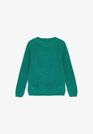 Grøn chunky striktrøje med lange ærmer, rund hals og tekstureret ribmønster, lagt fladt på en hvid baggrund.