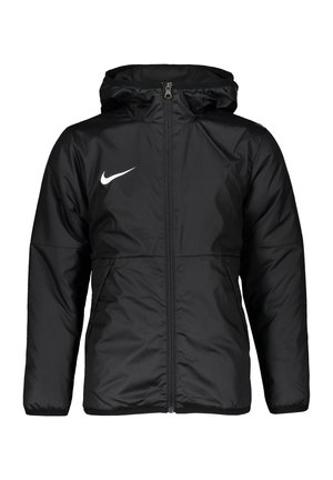 Veste isolante noire avec capuche, fermeture éclair sur le devant et logo Nike blanc sur la poitrine. Texture lisse, manches longues et poignets élastiques.