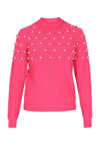 Pulover tricotat roz cu textură în relief, având embellishments din mărgele de aur și perle pe umeri. Guler înalt și mâneci lungi.