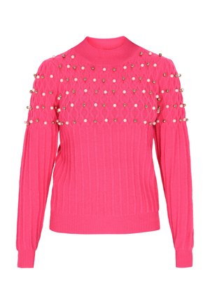 Lyserød strikket sweater med ribbestruktur, prydet med udsmykninger af guld- og perle-lignende perler på skuldrene. Høj hals og lange ærmer.