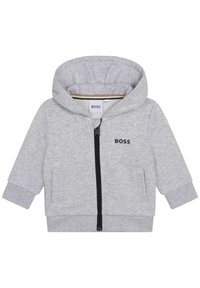 Šedá mikina s kapucí vyrobená z měkké tkaniny. Má zipové zapínání a dvě boční kapsy. Černé logo na hrudi a žebrované manžety.