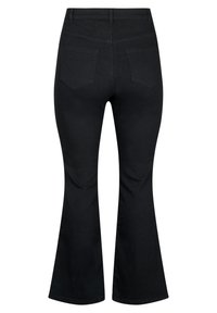 Black flared jeans made of denim, featuring a high waistband, two back pockets, and a smooth texture with a slight sheen.