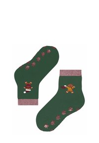 Zielone skarpetki za kostkę z piernikowym ludzikiem w szaliku, czerwono-białe paskowane mankiety i brązowe, liściaste, antypoślizgowe nakładki na podeszwach.