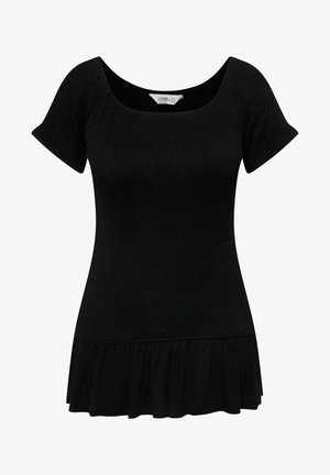 Sort kortærmet top med en rundet halsudskæring. Har en samlede tekstur og en svungen kant, der giver en afslappet pasform og blødt stof.