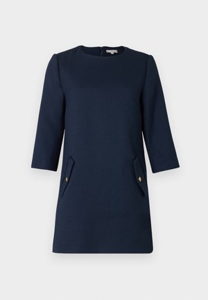 Marineblaues Kleid aus strukturiertem Stoff, mit rundem Ausschnitt, Dreiviertelärmeln und zwei vorderen Taschen mit goldenen Akzenten.