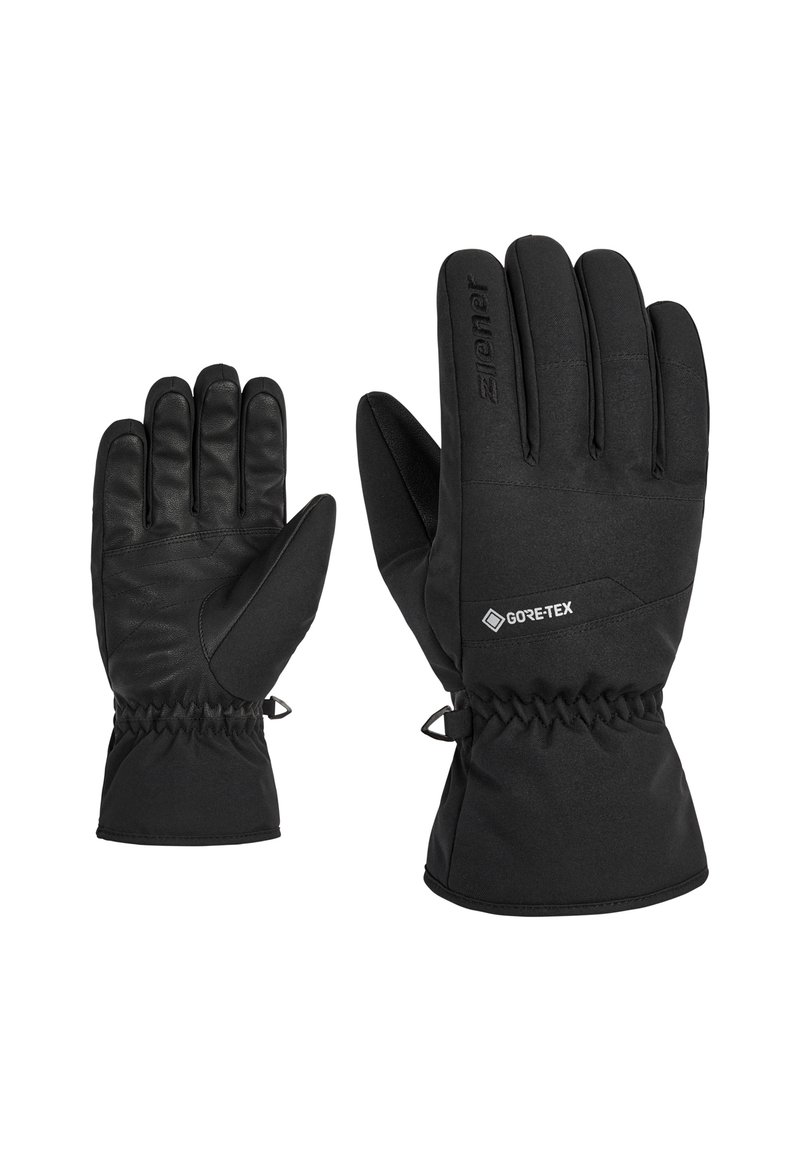 Black winter gloves made of waterproof Gore-Tex material, featuring a snug fit with elastic cuffs and smooth leather palms for grip.