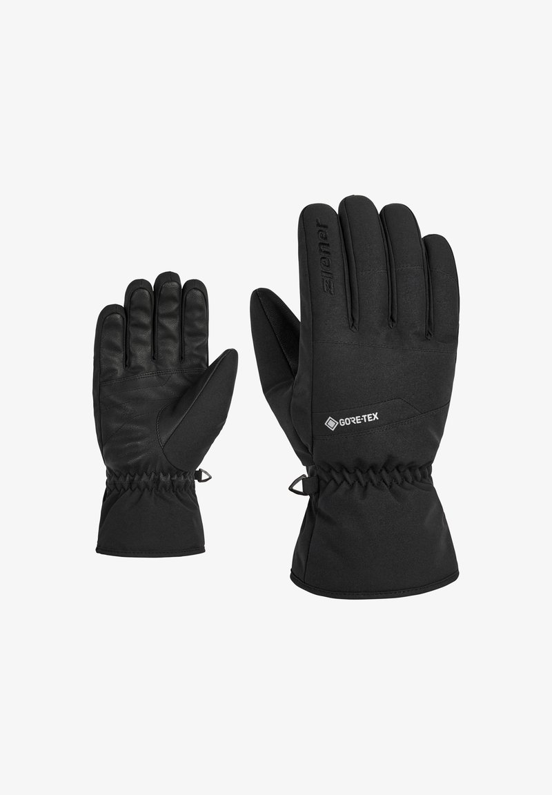 Black winter gloves made of waterproof Gore-Tex material, featuring a snug fit with elastic cuffs and smooth leather palms for grip.