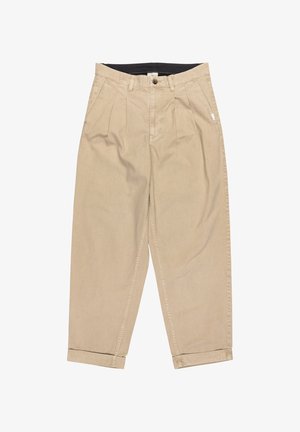 Beige, pleated trousers with a waistband and a button closure. Cropped legs with rolled cuffs. Made of soft, smooth fabric.