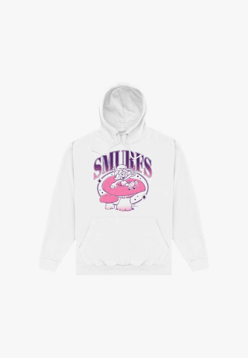 Sweat à capuche blanc avec un Schtroumpf de dessin animé assis sur un grand champignon rose, texte violet "SMURFS" au-dessus et petites étoiles autour du design.