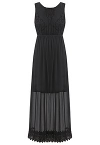 Svart maxiklänning i lätt tyg, med en spetsöverdel och kjol med ett genomskinligt lager och vågigt spetskant vid fåll.