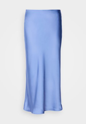 Gonna midi in satin blu con una finitura liscia e lucente. Silhouette svasata, l'orlo curvato dolcemente, evidenziando il suo design fluido.