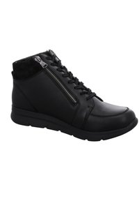 Zwarte leren enkelboot met een gladde textuur, vetersluiting aan de voorkant, rits aan de zijkant en een gevoerde zool voor comfort. Gecentraliseerde vorm met minimale accenten.