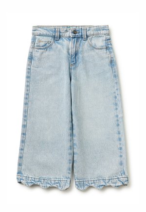 Lichtblauwe denim shorts met voorzakken, riemlussen, knoopsluiting en gegolfde zoom.
