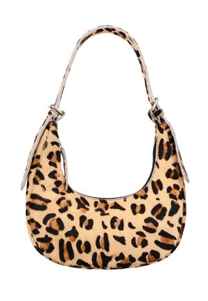 Kleine halbmondförmige Handtasche mit beige-schwarzem Leopardenmuster, verstellbarem Riemen und Reißverschluss an einer Seite.