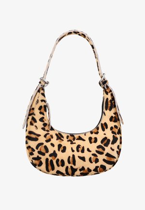 Väike poolkuu-kujuline käekott, mis on beeži ja musta leopakujundusega, reguleeritava rihma ja ühelt küljelt lukuga sulgemisega.