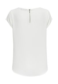 Blusa bianca a maniche corte con scollatura rotonda e dettaglio con zip sul retro. La texture è liscia e la silhouette è rilassata con orlo curvo.