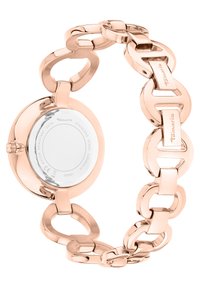 Runde Uhr mit Gehäuse aus roségoldfarbenem Edelstahl und verlinktem Armband. Glatte Oberfläche und Logodetail am Band. Wasserfest bis 3 ATM.