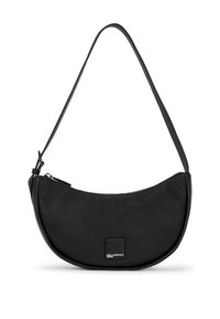 Black leather handbag with a curved shape and a single adjustable strap. Features a small silver logo accent and zip closure. Smooth texture.
