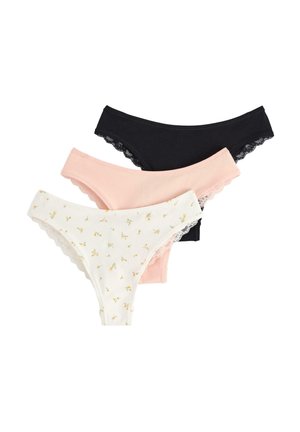 Three pairs of women's cotton panties in black, pink, and white with a floral pattern, featuring lace trims along the edges.