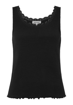 Zwart ribgebreid mouwloos topje met kantafwerking rond de ronde halslijn en licht gerimpelde zoom.