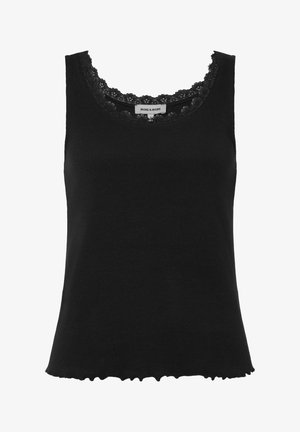 Zwart ribgebreid mouwloos topje met kantafwerking rond de ronde halslijn en licht gerimpelde zoom.