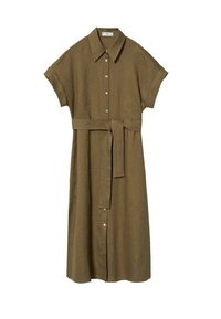 Olivengrøn skjortekjole i linned med korte ærmer, knaplukning foran, krave og matchende stofbælte i taljen. Har en lige pasform.