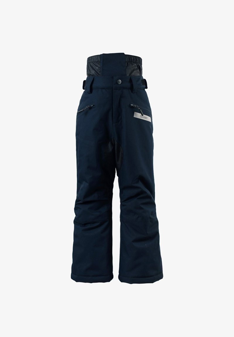 Marineblauwe sneeuwbroeken van waterafstotende stof, met een hoge taille, verstelbare banden en meerdere met rits afsluitbare zakken.