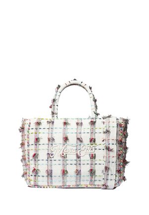 Sac à main tissé blanc avec franges en fil multicolores et perles, avec logo brodé "Marc Ellis" à l'avant.