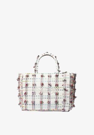 Sac à main tissé blanc avec franges en fil multicolores et perles, avec logo brodé "Marc Ellis" à l'avant.
