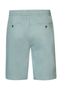 Lichtblauwe shorts van katoen, met een elastische tailleband, twee achterzakken met knoopsluitingen en een gladde textuur.