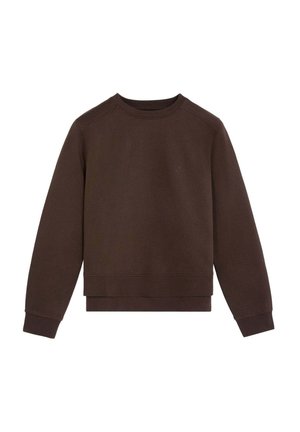 Sudadera marrón de tejido suave, con cuello redondo, mangas largas y dobladillo y puños acanalados. Diseño simple sin patrones.