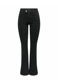 Jeans negros acampanados de mezclilla con cintura alta, cierre de dos botones, dos bolsillos delanteros y una textura suave.