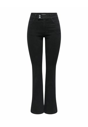 Jeans negros acampanados de mezclilla con cintura alta, cierre de dos botones, dos bolsillos delanteros y una textura suave.