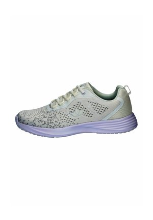 Light gray athletic sneaker with mesh upper, lace-up closure, subtle pattern, and thick lilac sole, shown from the side on a white background.