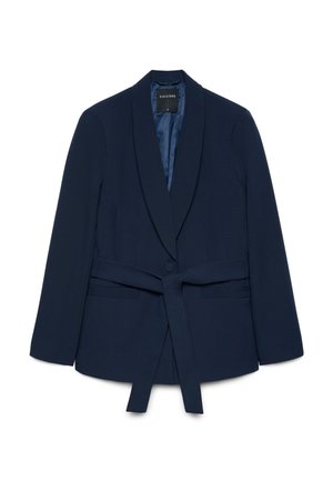 Dunkelblauer Damenblazer mit Schalkragen, langen Ärmeln, Stoffgürtel und zwei Fronttaschen, Marke Calliope, Größe klein.