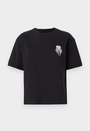 Black cotton t-shirt with a crew neck and short sleeves, featuring a small rhinestone-embellished heart design on the left chest.