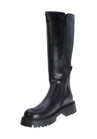 Stivali neri in pelle alti fino al ginocchio con finitura liscia, cerniera laterale e suola in gomma spessa con motivo di scolpitura robusto.