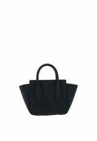Sac fourre-tout en cuir noir avec poignées courtes, forme structurée et côtés effilés. Présente une texture lisse et un design minimaliste.