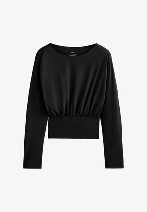 Schwarzes Langarmshirt aus weichem Stoff. Mit weitem Ausschnitt, geraffter Taille und lockerem Sitz. Einfaches, einfarbiges Design ohne Muster.