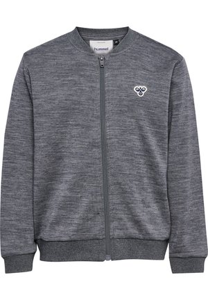 Grå zip-up bomberjacka med en lätt texturerad tyg, ribbade ärmslut och nederkant, samt en liten vit logotyp på vänster bröst.