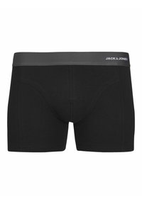 Zwarte katoenen boxershorts met een grijze elastische tailleband waarop de mer Naam "JACK & JONES" in witte letters staat.