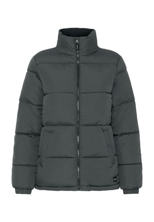 Dark grey puffer jacket featuring a high collar, vertical stitching, full zipper closure, and elasticized cuffs and hem for warmth.