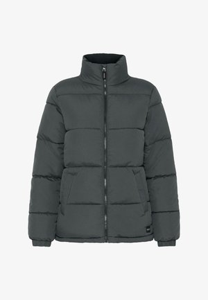 Donkergrijze pufferjack met een hoge kraag, verticale stiksels, vollem ritssluiting en elastische cuffs en zoom voor warmte.